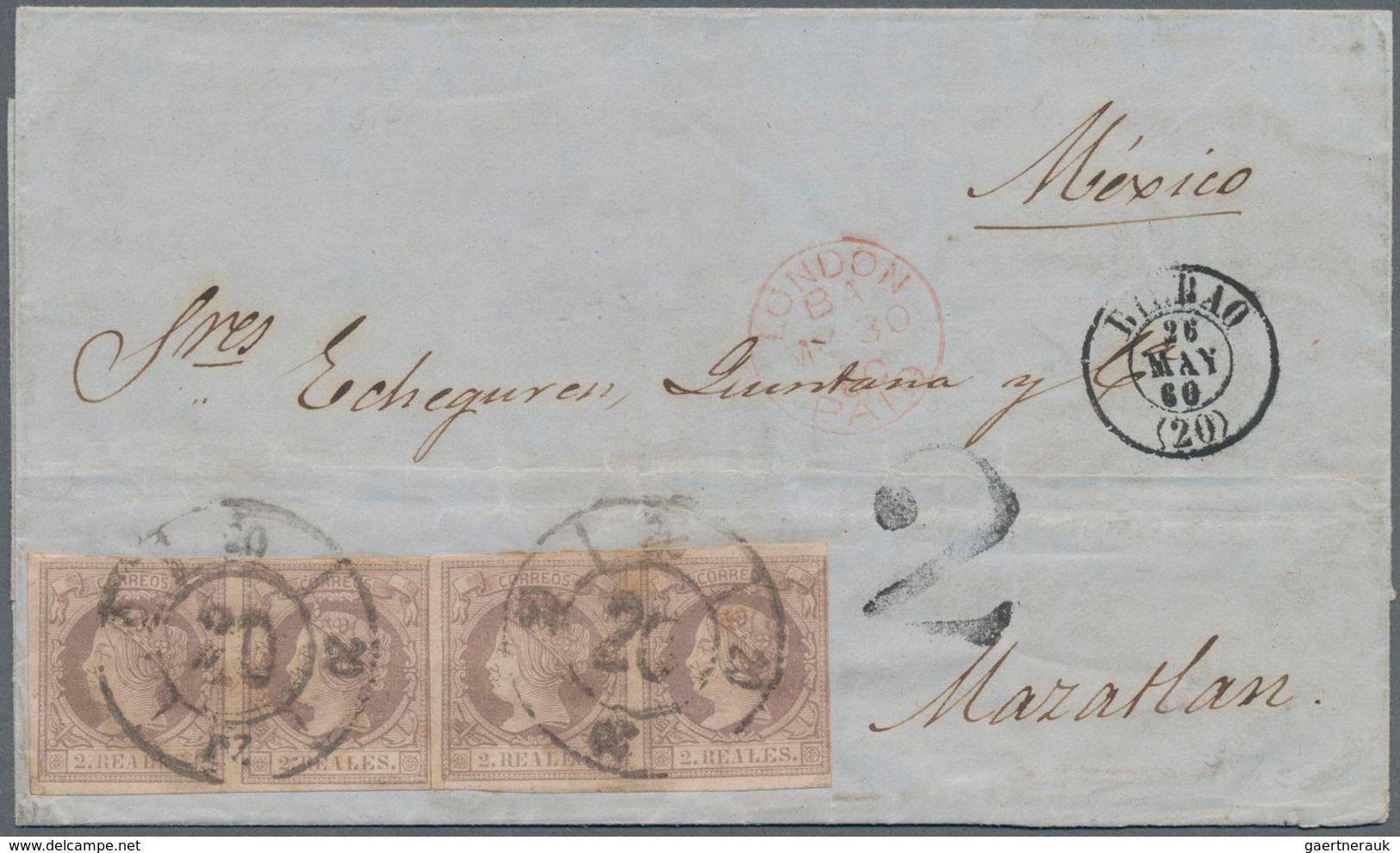 Spanien: 1860, 2r. Lilac On Pale Lilac, Two Horizontal Pairs, Fresh Colours And Mainly Good Margins, - Used Stamps
