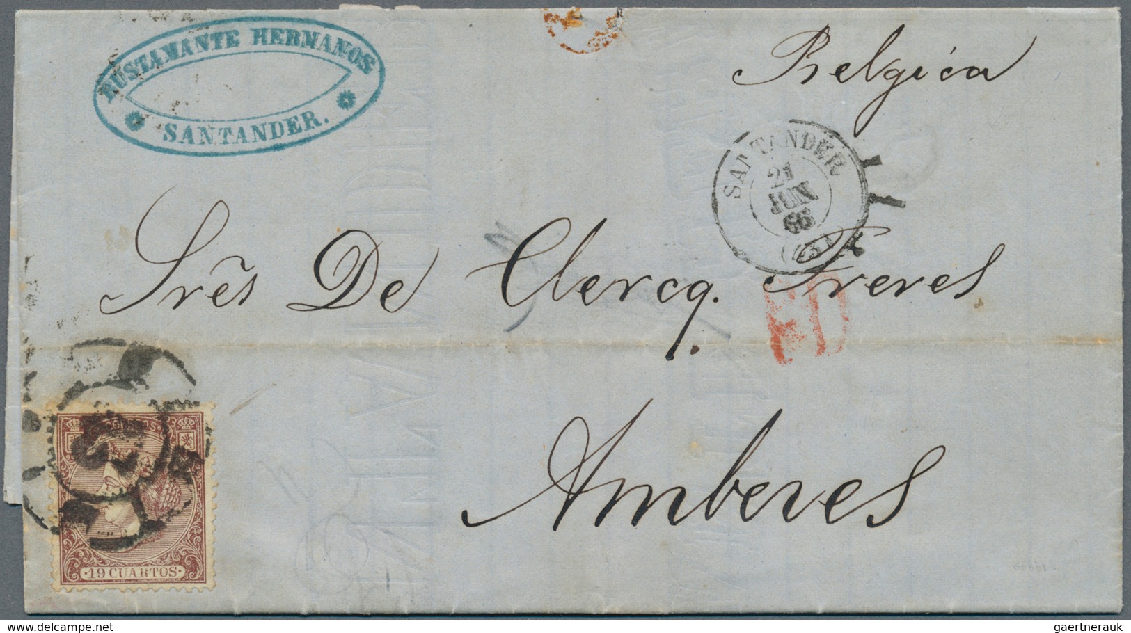 Spanien: 1866, 19 Cuartos Brown Tied "43" To Entire Folded Letter From "SATANDER 21 JUN 66" To Antwe - Gebruikt