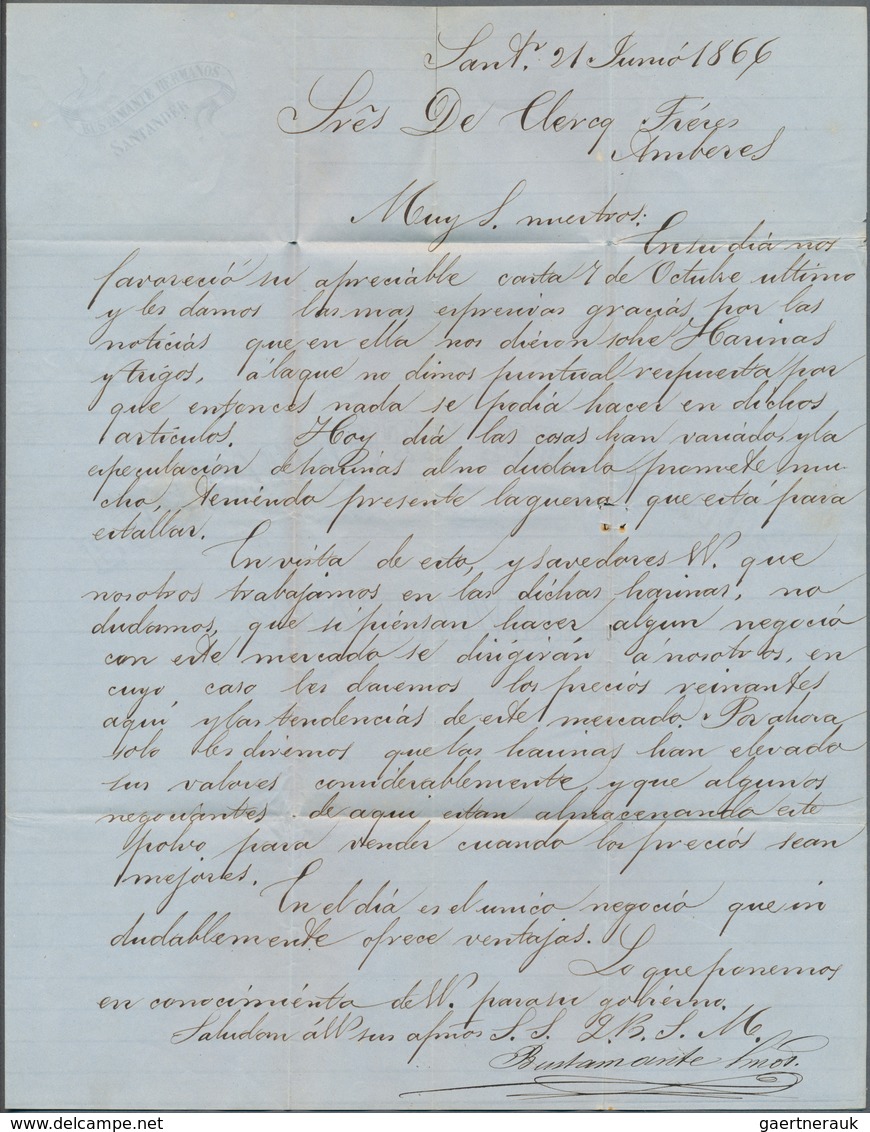 Spanien: 1866, 19 Cuartos Brown Tied "43" To Entire Folded Letter From "SATANDER 21 JUN 66" To Antwe - Gebruikt