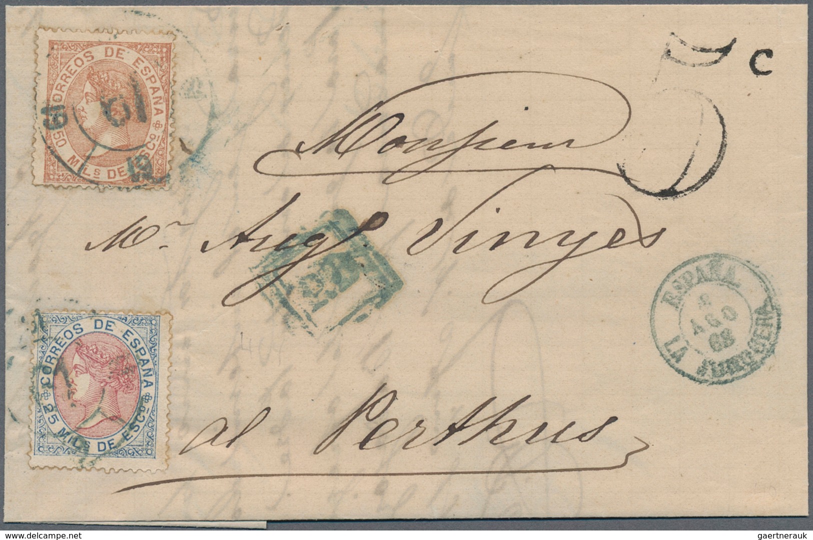 Spanien: 1867, 25 M. And 50 M. Tied Blue Carreta "19" In Blue To Entire Folded Letter Dated "Aguilla - Gebruikt