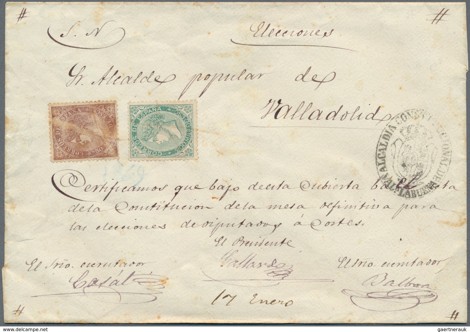 Spanien: 1868, 50 Mils Violet And 200 Mils Green Canc. Pen Strokes On Registered Cover From Valoria - Gebruikt