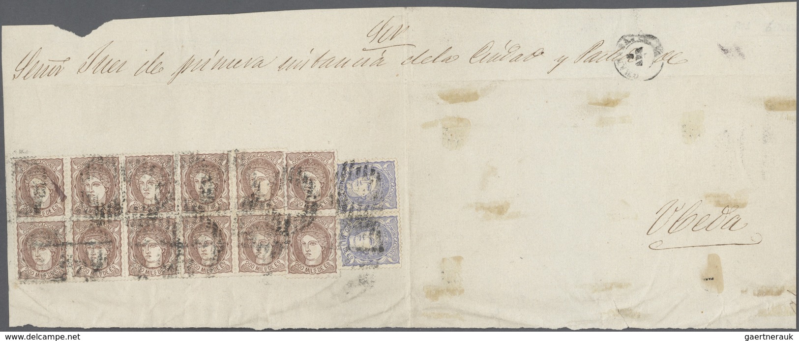Spanien: 1870(ca.), 50 Mils.ultramarine, A Horizontal Pair, And 200 Mils. Chestnut (12 Inc. Block-10 - Used Stamps