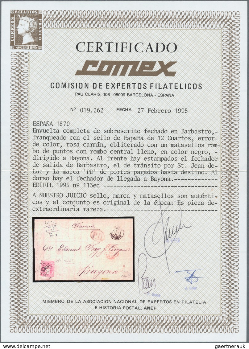 Spanien: 1870, 12 Cuartos Rose Carmine, Error Of Colour, Tied "rombo De Puntos" To Entire Folded Let - Used Stamps
