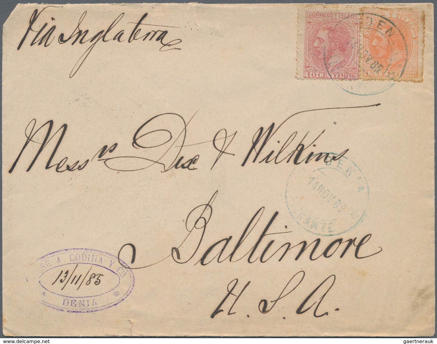 Spanien: 1885, "DENIA" Postmark In Blue On 25 C Grey-ultramarine Single Franking And On 10 C Carmine - Gebruikt