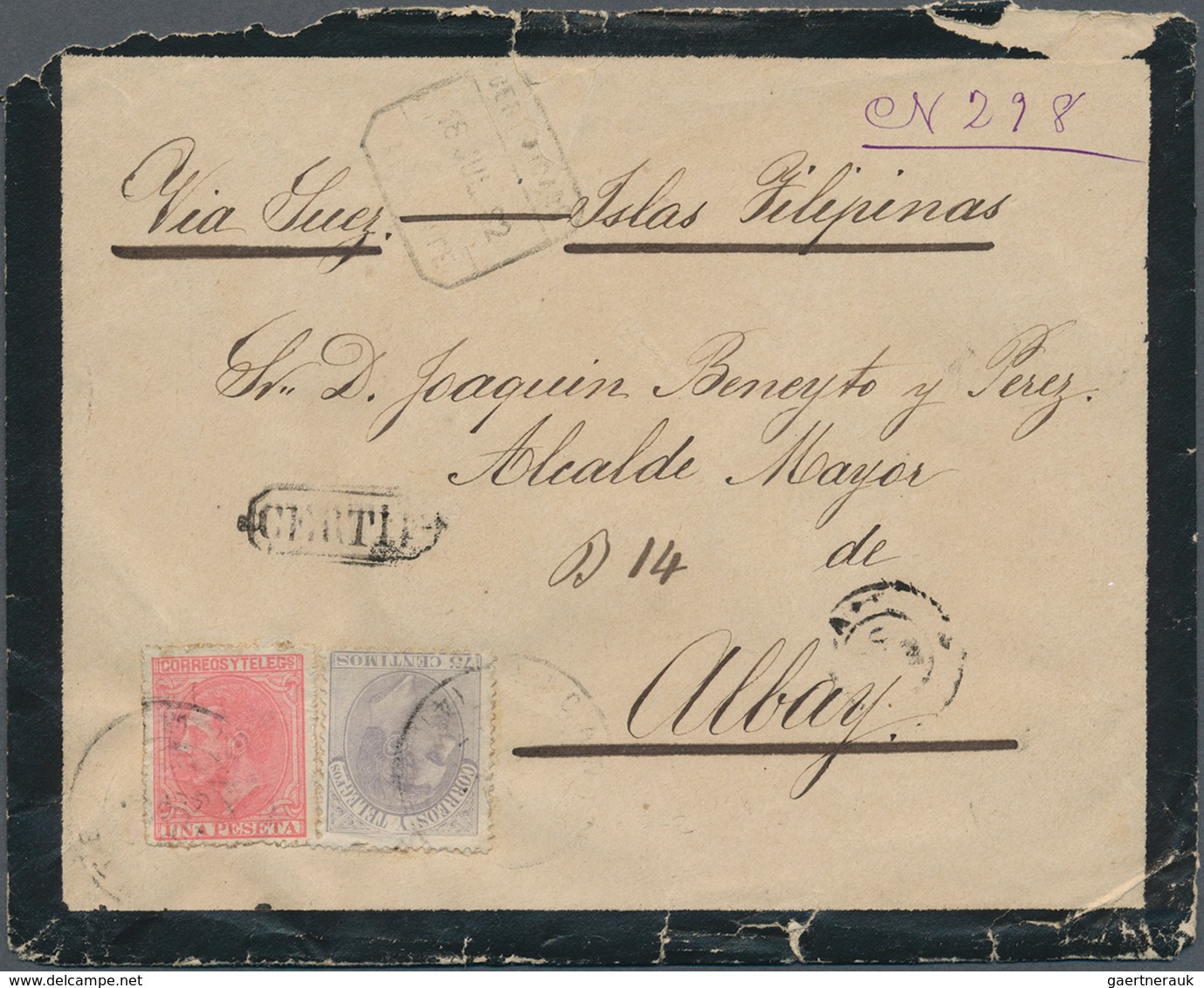 Spanien: 1882, 1 Pts. Rose And 75 Cts Violet Tied "ALICANTE" To Registered Mourning Envelope To Alba - Used Stamps