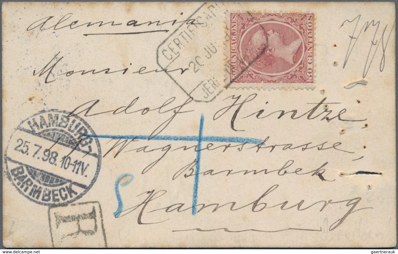 Spanien: 1889, 50 C Lilac Carmine On A Suitcase Tag Registered To Hamburg/Germany, Fancy Use! - Gebruikt