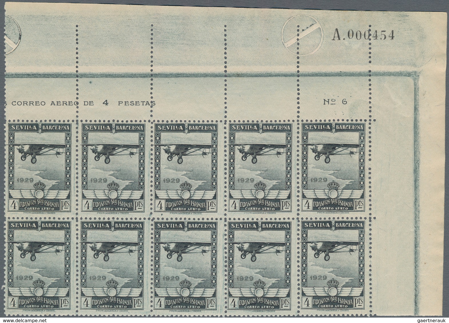 Spanien: 1929, Airmail Issue 4pta. Grey Black Showing Airplane 'Spirit Of St. Louis' Block Of Ten Fr - Gebruikt