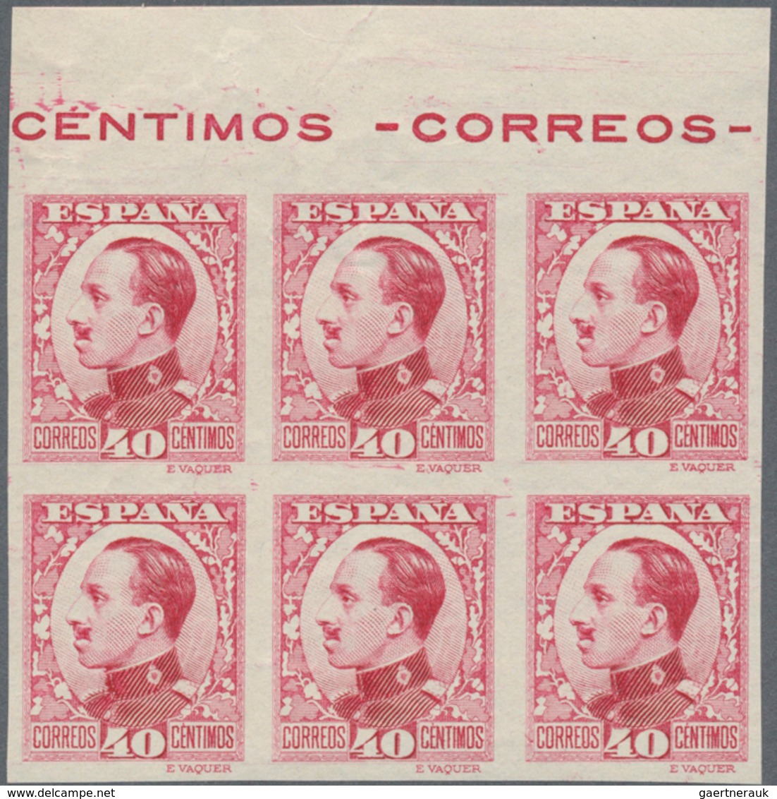 Spanien: 1930, King Alfonso XIII. Definitive 40c. Imperforate COLOUR PROOF In Carmine-red Block Of S - Gebruikt