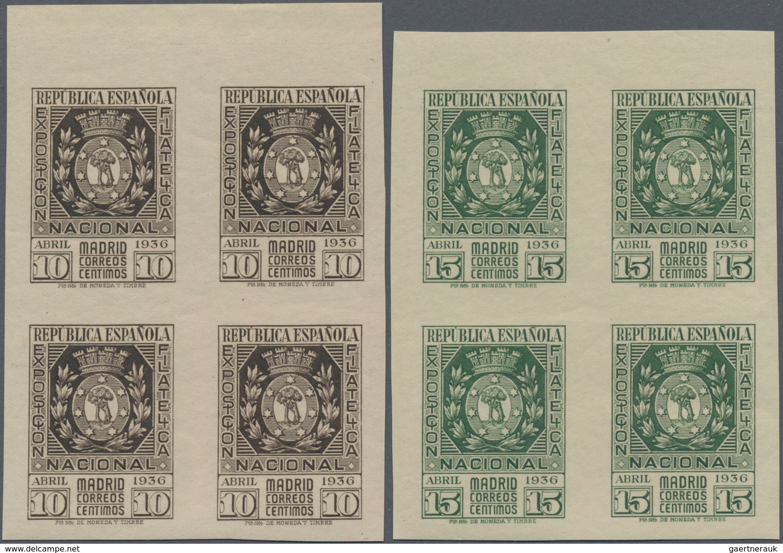 Spanien: 1936, National Stamp Exhibition Madrid Two Imperforate Stamps (Coat Of Arms) In Blocks Of F - Used Stamps