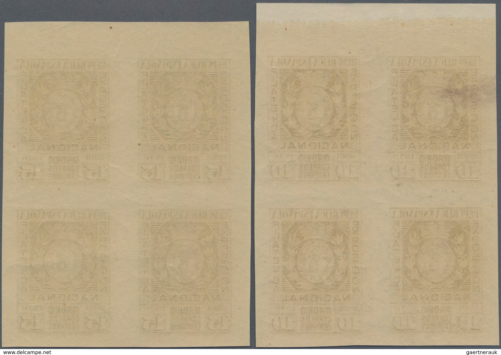 Spanien: 1936, National Stamp Exhibition Madrid Two Imperforate Stamps (Coat Of Arms) In Blocks Of F - Gebraucht