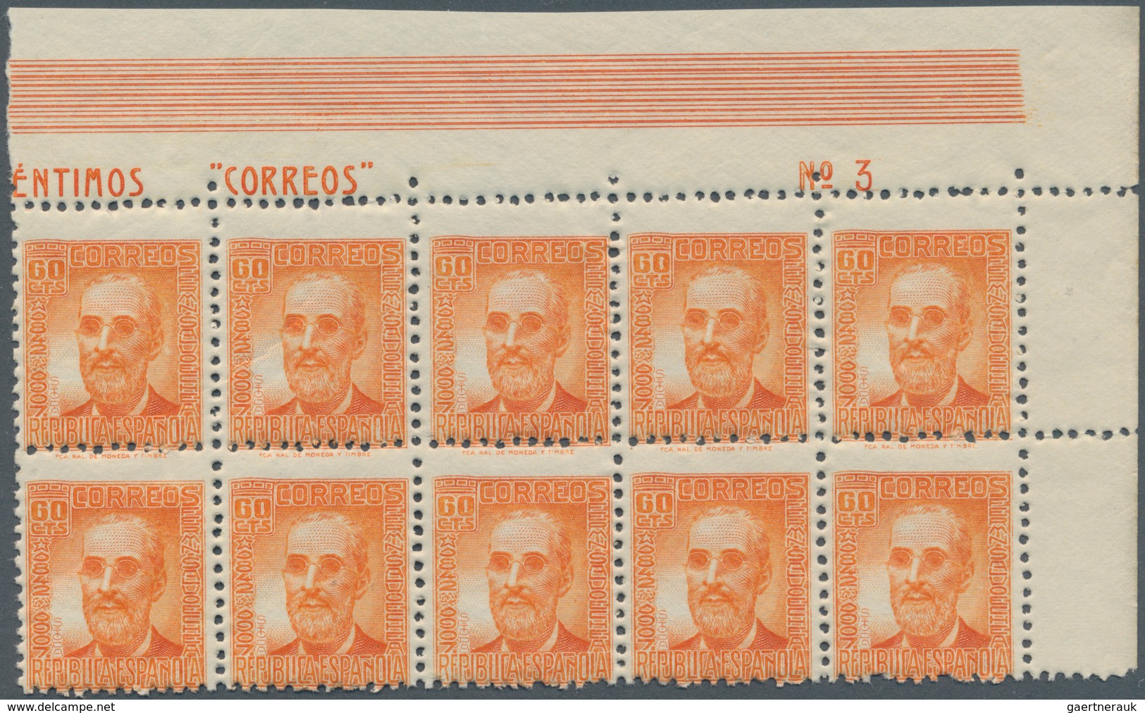 Spanien: 1938, Fermin Salvochea Y Alvarez 60c. Orange Four Blocks Of Ten From Upper Right Corners Wi - Gebruikt
