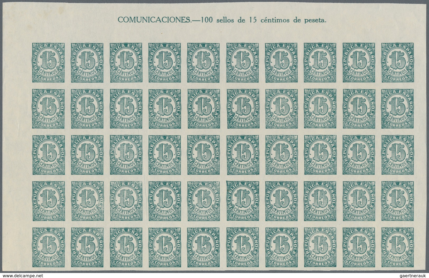 Spanien: 1938, Numeral Definitive 15c. Blue-green On White Paper IMPERFORATE Half Sheet (50 Stamps) - Gebruikt