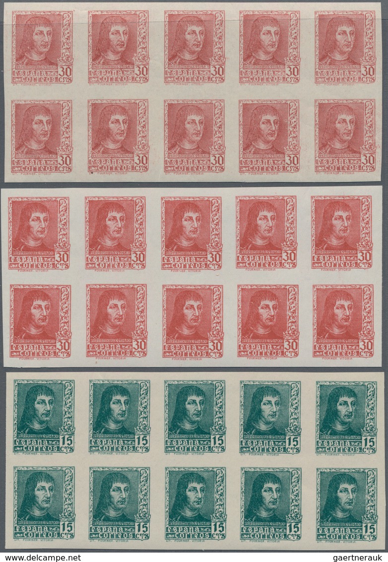 Spanien: 1938, Ferdinand II. Five Different Stamps Incl. Diff. Imprints Of 30c. In IMPERFORATE Block - Gebruikt