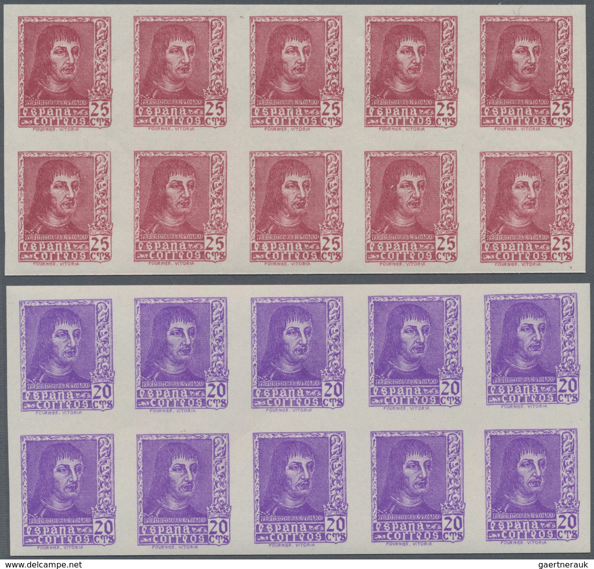 Spanien: 1938, Ferdinand II. Five Different Stamps Incl. Diff. Imprints Of 30c. In IMPERFORATE Block - Gebraucht