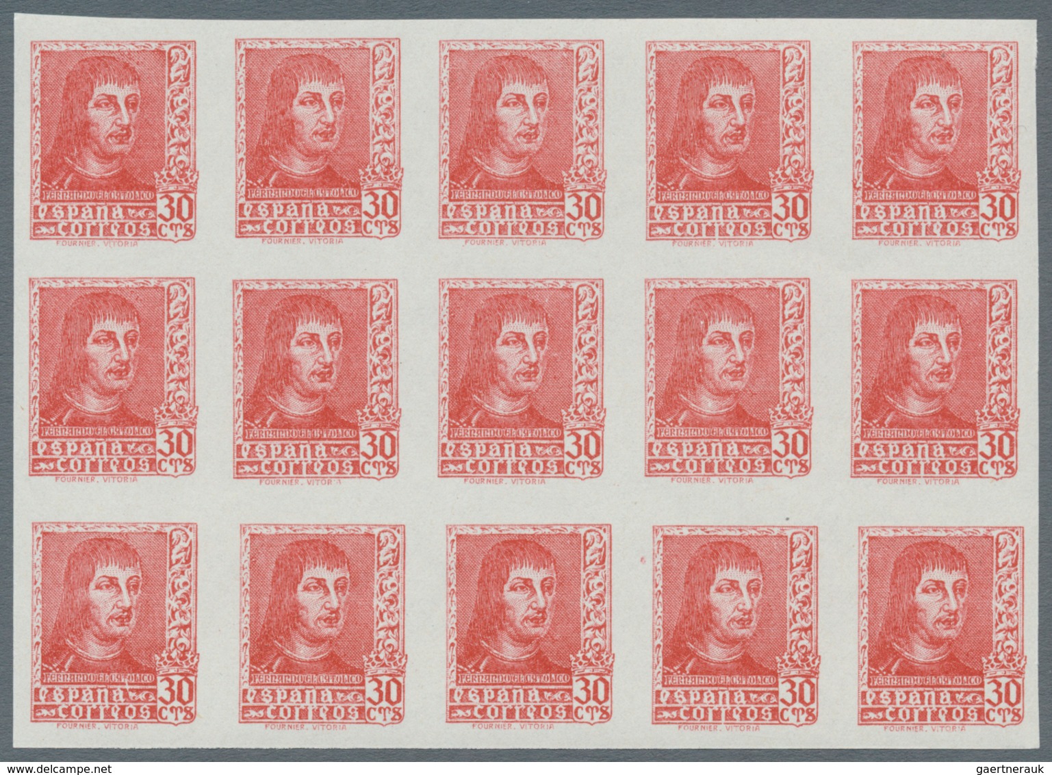 Spanien: 1938, Ferdinand II. Five Different Stamps Incl. Both Imprints Of 30c. In IMPERFORATE Blocks - Gebruikt