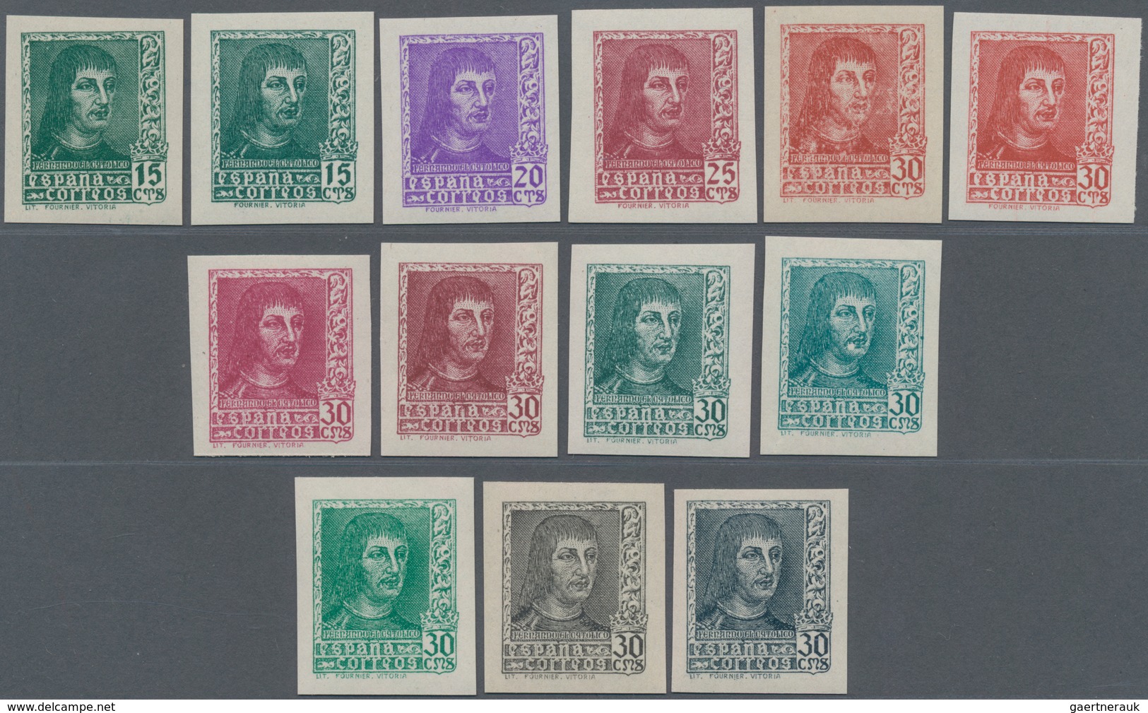 Spanien: 1938, Ferdinand II. Complete Set Of Six IMPERFORATE Stamps Incl. The Diff. Imprints Of 15c. - Gebraucht