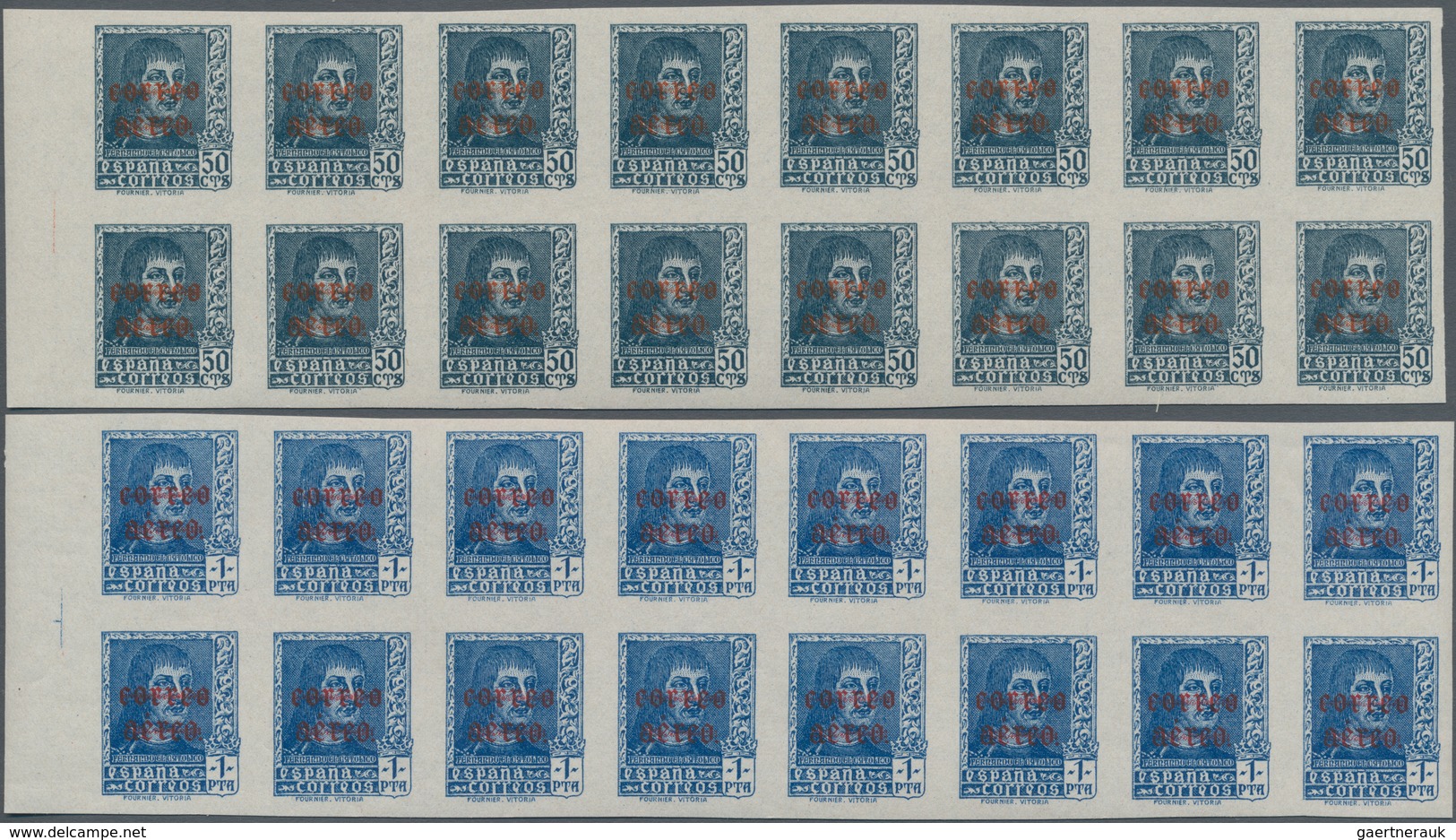 Spanien: 1938, Airmails 50c. Slate And 1pts. Blue, IMPERFORATE Left Marginal Blocks Of 16, Mint Neve - Gebraucht