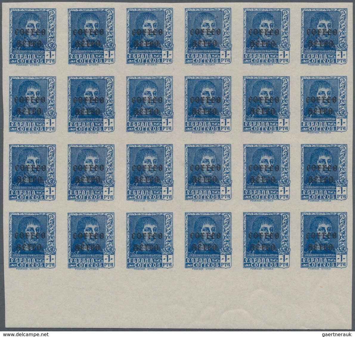 Spanien: 1938, Airmails 50c. Slate And 1pts. Blue, IMPERFORATE Bottom Marginal Blocks Of 24 With BLA - Gebruikt