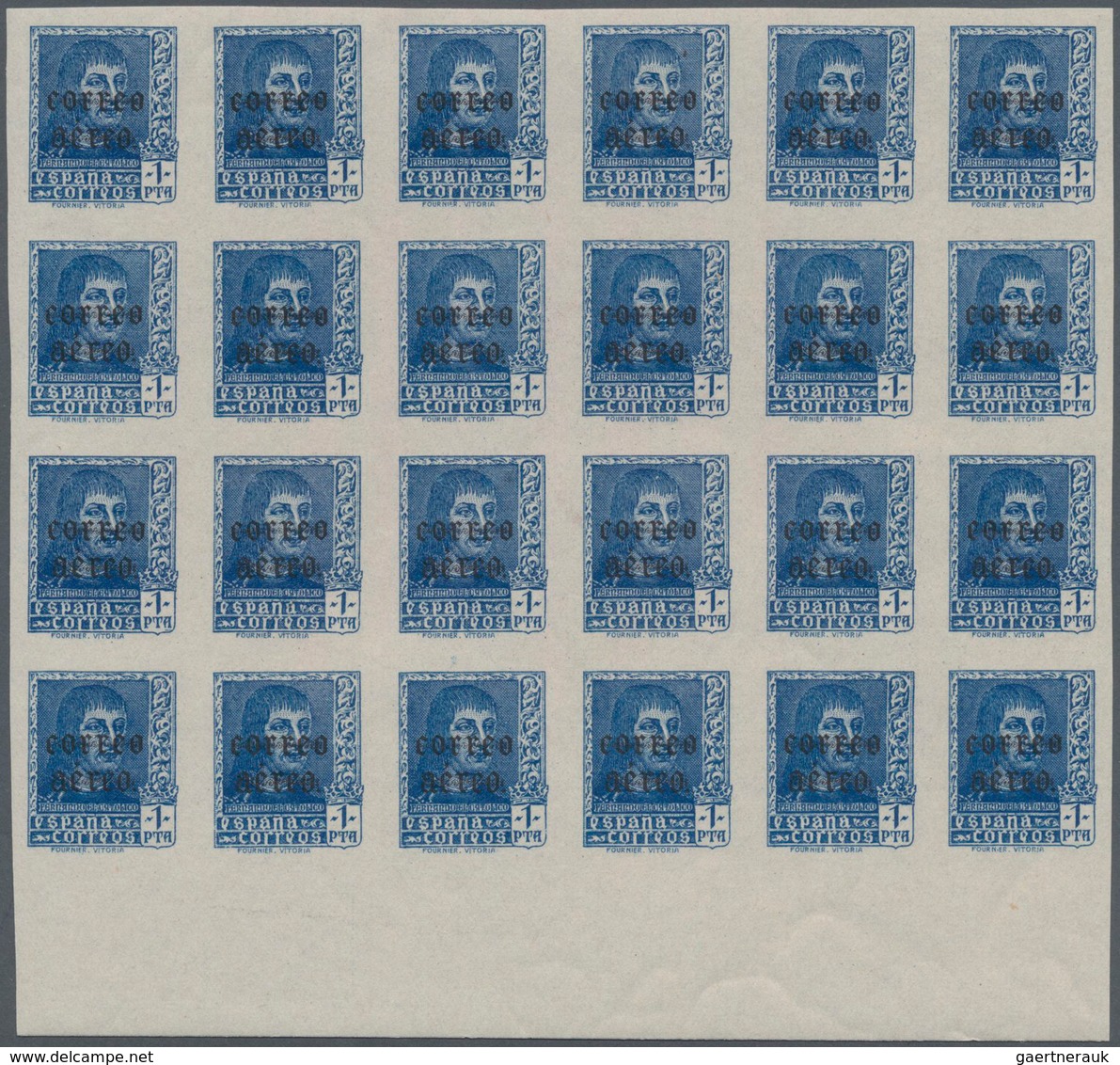 Spanien: 1938, Airmails 50c. Slate And 1pts. Blue, IMPERFORATE Bottom Marginal Blocks Of 24 With BLA - Used Stamps