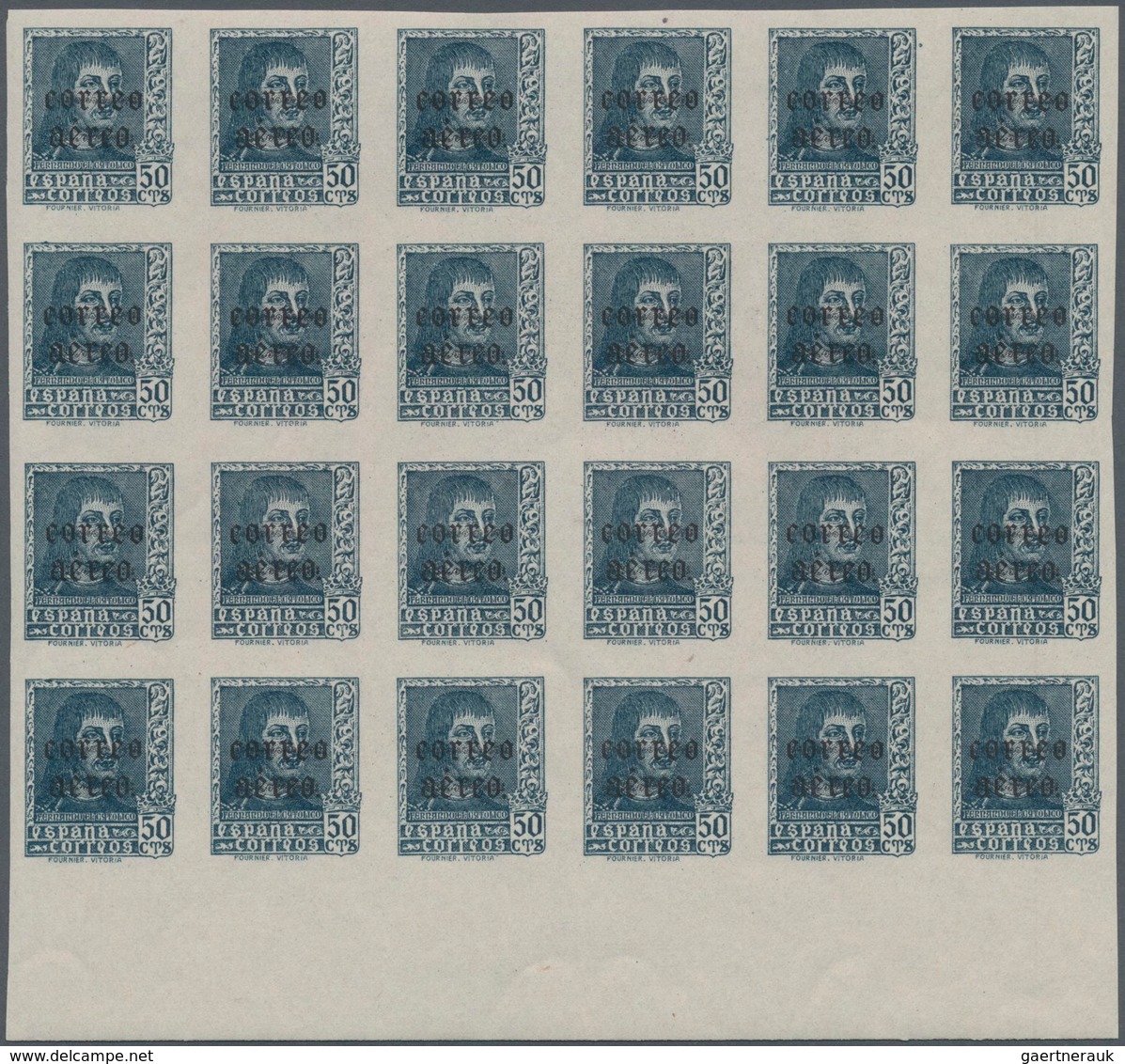 Spanien: 1938, Airmails 50c. Slate And 1pts. Blue, IMPERFORATE Bottom Marginal Blocks Of 24 With BLA - Gebraucht