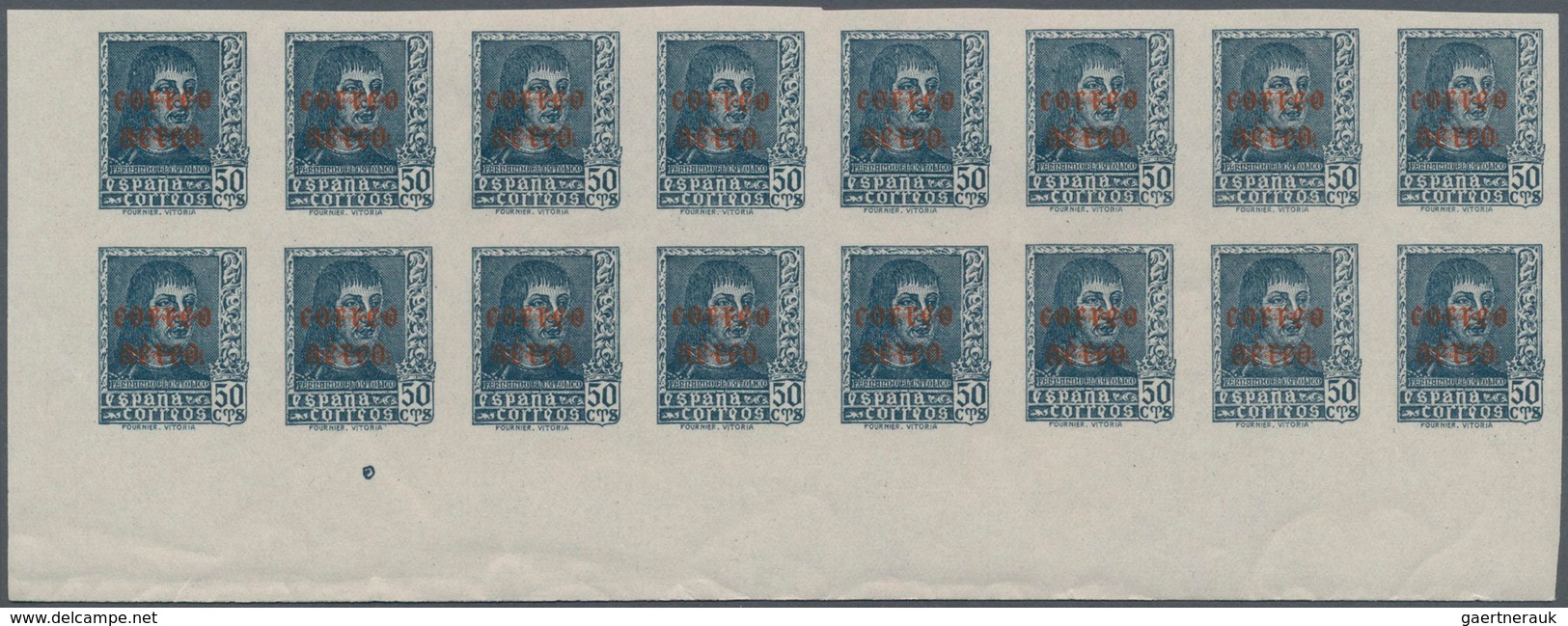 Spanien: 1938, Airmails 50c. Slate And 1pts. Blue, IMPERFORATE Marginal Blocks Of 16 From The Lower - Gebraucht