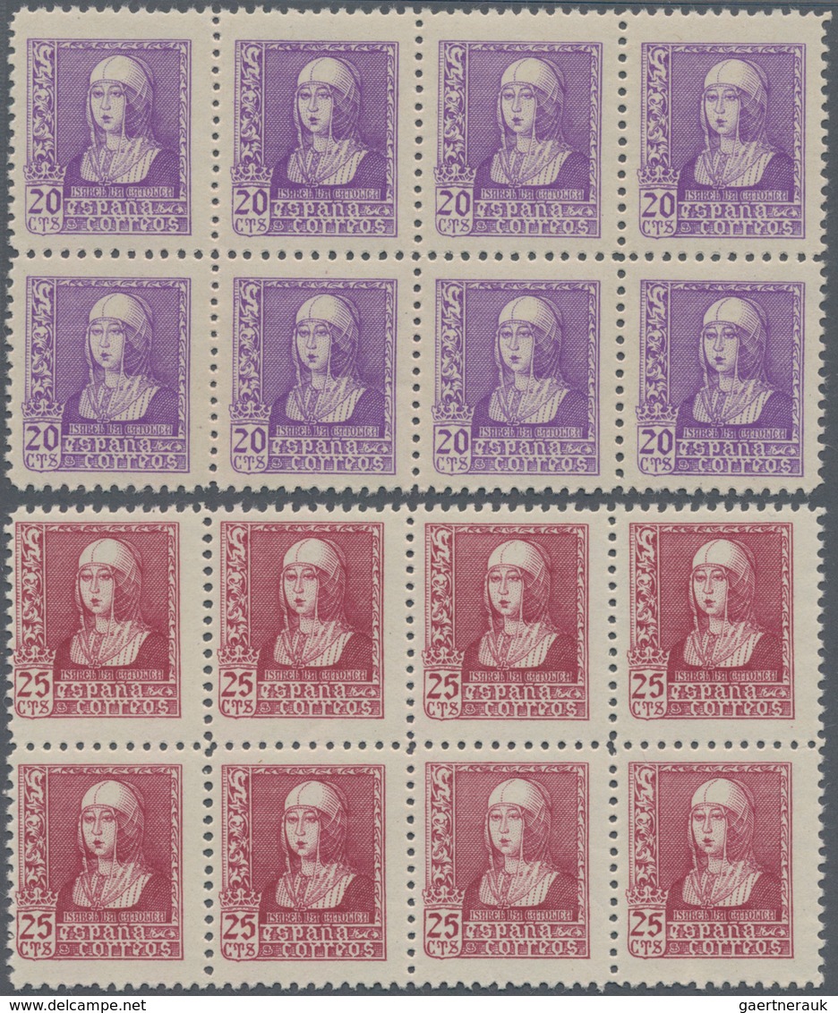 Spanien: 1938/1939, Queen Isabella Definitives Complete Set Of Six In Blocks Of Eight, Mint Never Hi - Gebraucht
