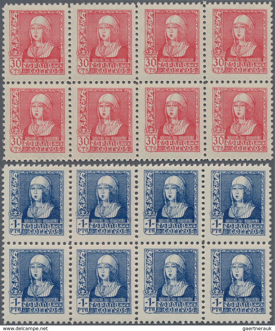 Spanien: 1938/1939, Queen Isabella Definitives Complete Set Of Six In Blocks Of Eight, Mint Never Hi - Gebraucht
