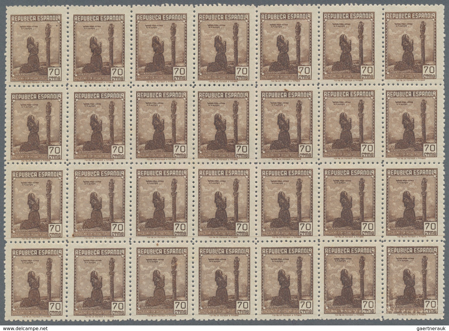 Spanien: 1939, Forces Mail Issue NOT ISSUED 70c. Stamp Showing Female Prayer Block Of 28 Perforated - Used Stamps