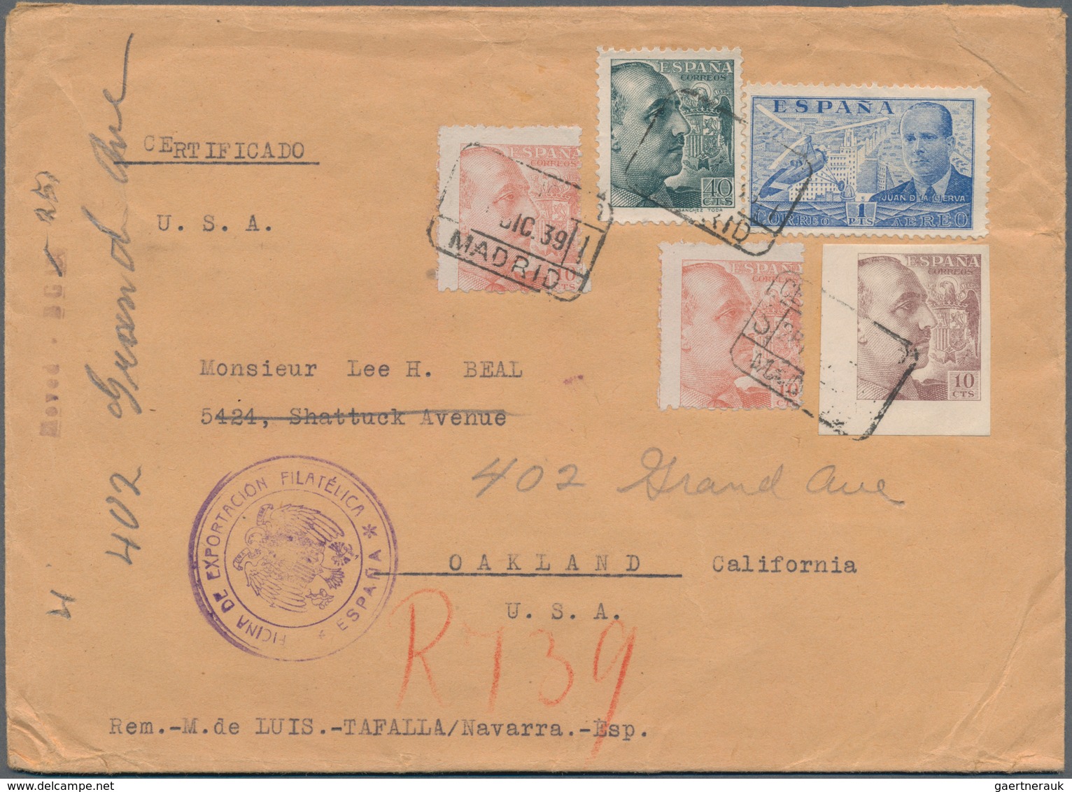 Spanien: 1939 Registered Cover From Madrid To Oakland With Very Good Franking From I.a. 10 Cts. Brow - Used Stamps
