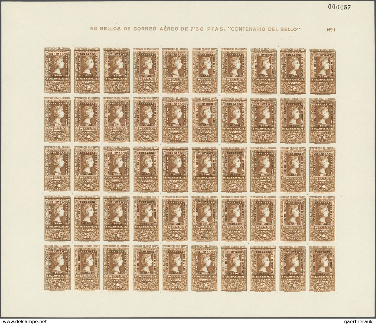 Spanien: 1950, Centenary of Spanish Stamps, complete set of eight values in sheets of 50 stamps, min