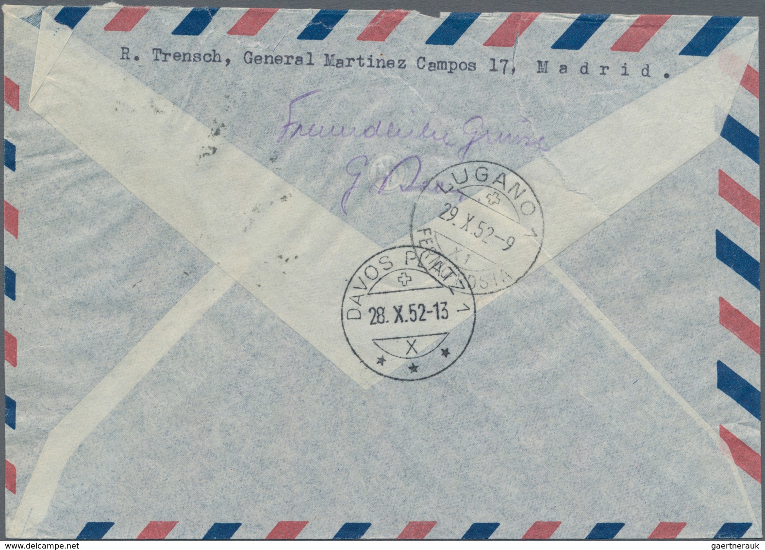 Spanien: 1952, 2 Pta Steel Blue, Rare Single Franking On Airmail Cover From Madrid To Davos And Forw - Gebraucht