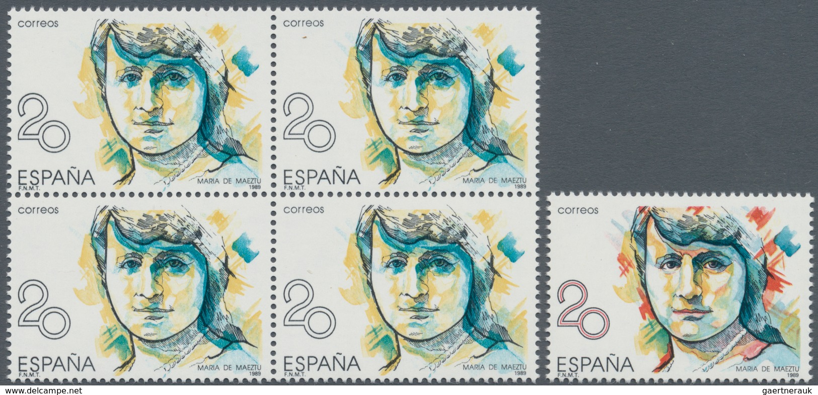 Spanien: 1988, Prominent Woman 20pta. ‚Maria De Maeztu‘ With RED COLOUR OMITTED Block Of Four With N - Gebraucht