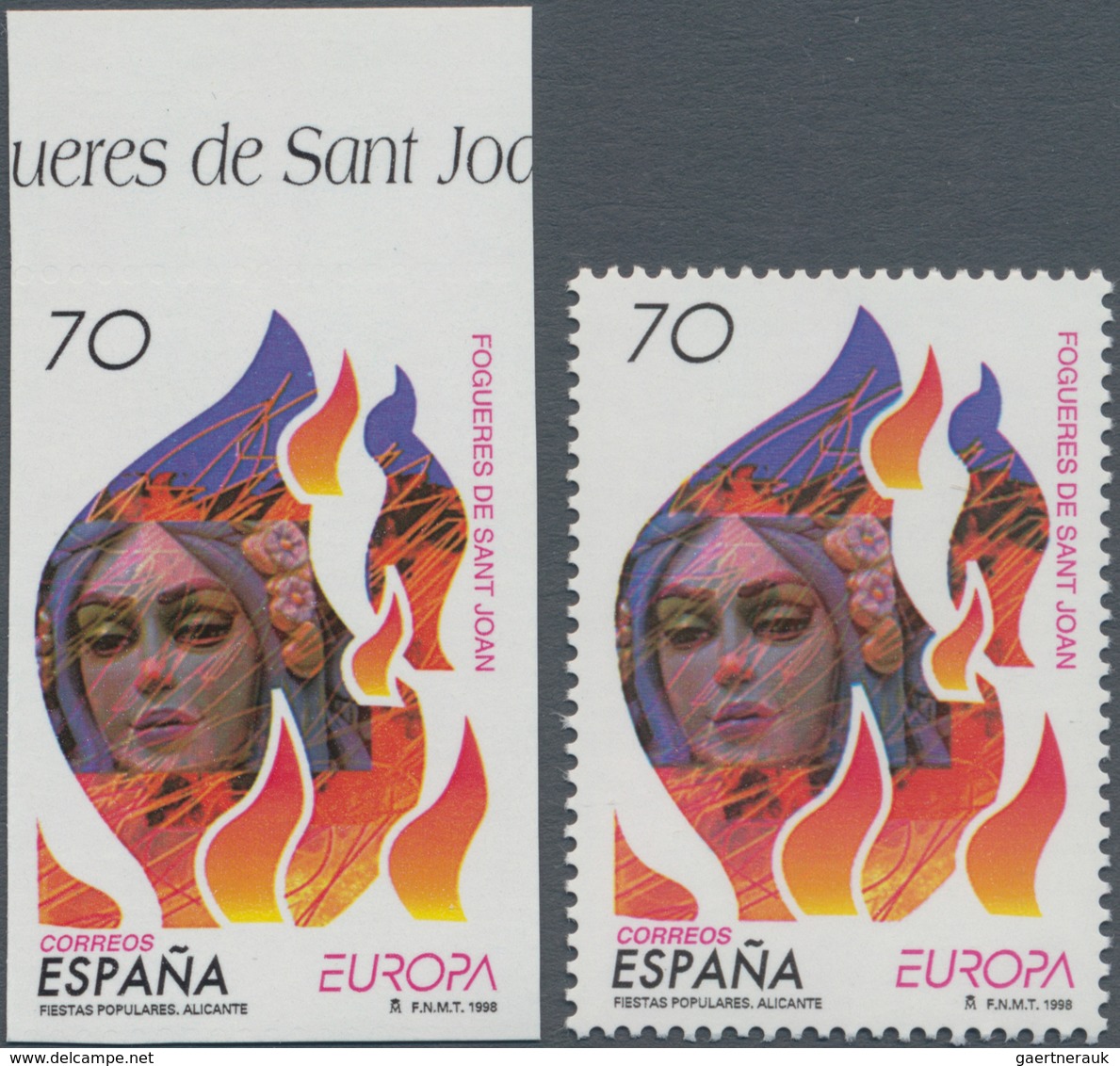 Spanien: 1998, Europa-CEPT 70pts. 'Johannis Fire' IMPERFORATE From Upper Margin With Normal Stamp Fo - Gebraucht