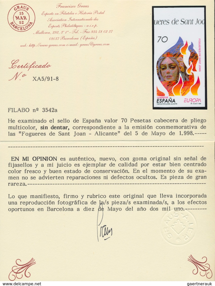 Spanien: 1998, Europa-CEPT 70pts. 'Johannis Fire' IMPERFORATE From Upper Margin With Normal Stamp Fo - Gebraucht