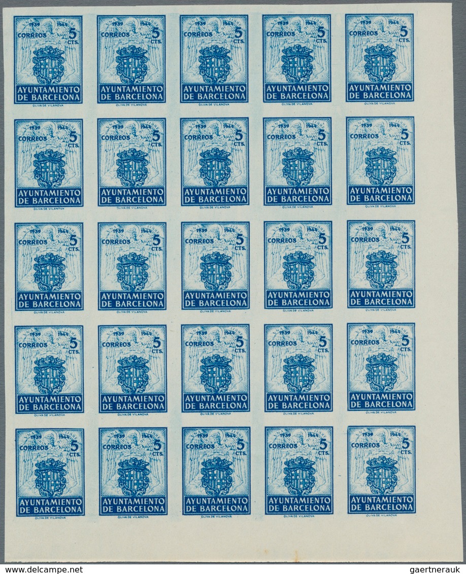 Spanien - Zwangszuschlagsmarken für Barcelona: 1944, Coat of Arms complete set of five 5c. stamps in