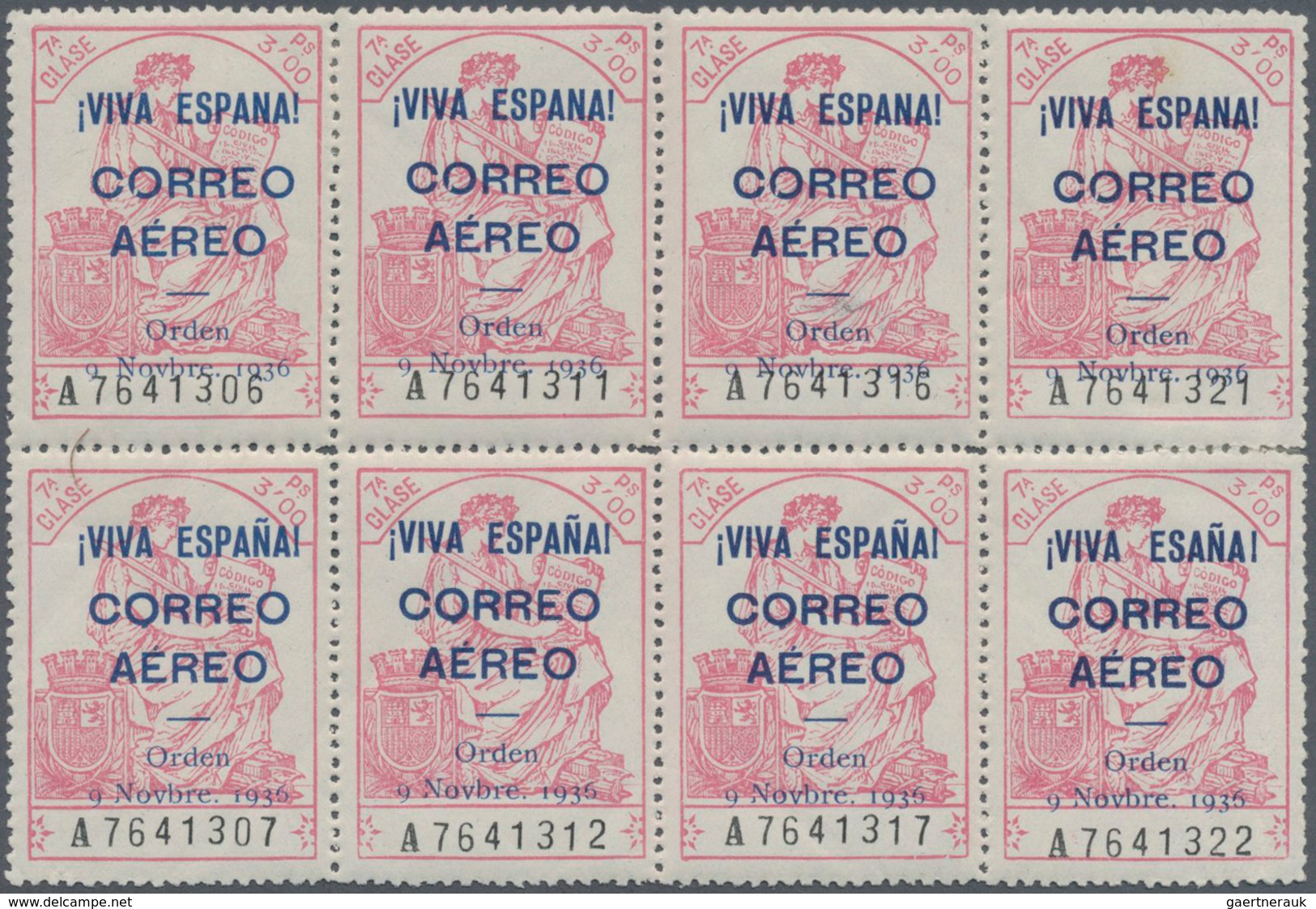 Spanien - Lokalausgaben: Burgos: 1936, Airmail Overprints On Fiscal Stamp 3pts. Rose, Block Of Eight - Andere & Zonder Classificatie