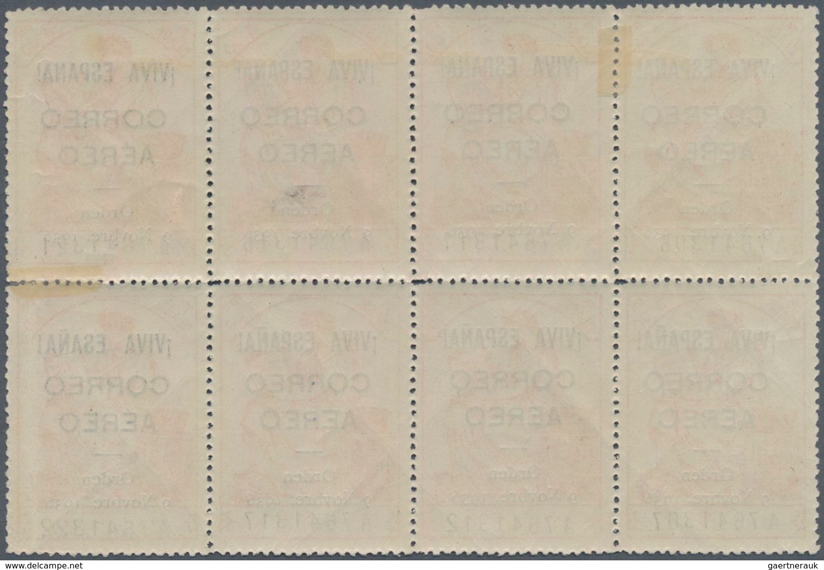 Spanien - Lokalausgaben: Burgos: 1936, Airmail Overprints On Fiscal Stamp 3pts. Rose, Block Of Eight - Sonstige & Ohne Zuordnung