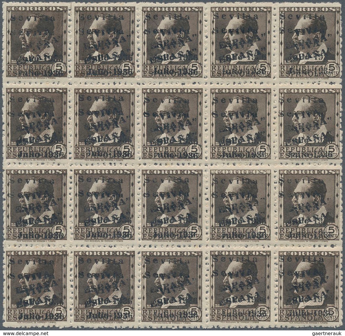 Spanien - Lokalausgaben: Sevilla: 1936, A Block Of 20 Values Of Vicente Blasco Ibanez 5 C Brown With - Nationalistische Uitgaves