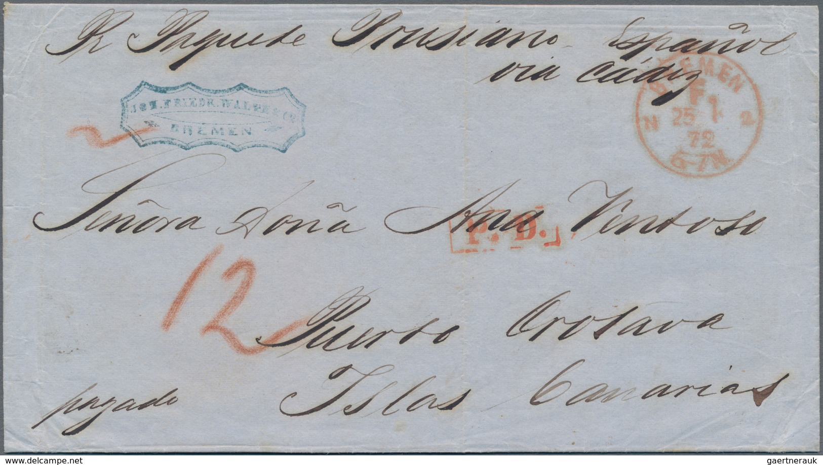 Spanien - Kanarische Inseln (1890er Jahre): 1871/72 Incoming Mail: Two Stampless Folded Envelopes Wi - Sonstige & Ohne Zuordnung