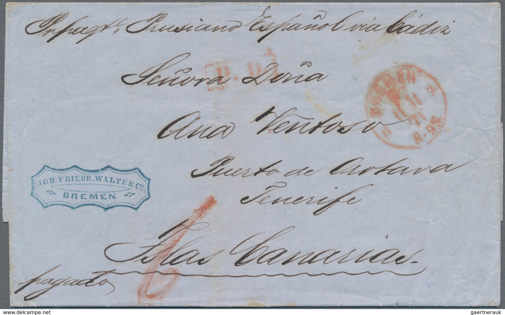 Spanien - Kanarische Inseln (1890er Jahre): 1871/72 Incoming Mail: Two Stampless Folded Envelopes Wi - Sonstige & Ohne Zuordnung