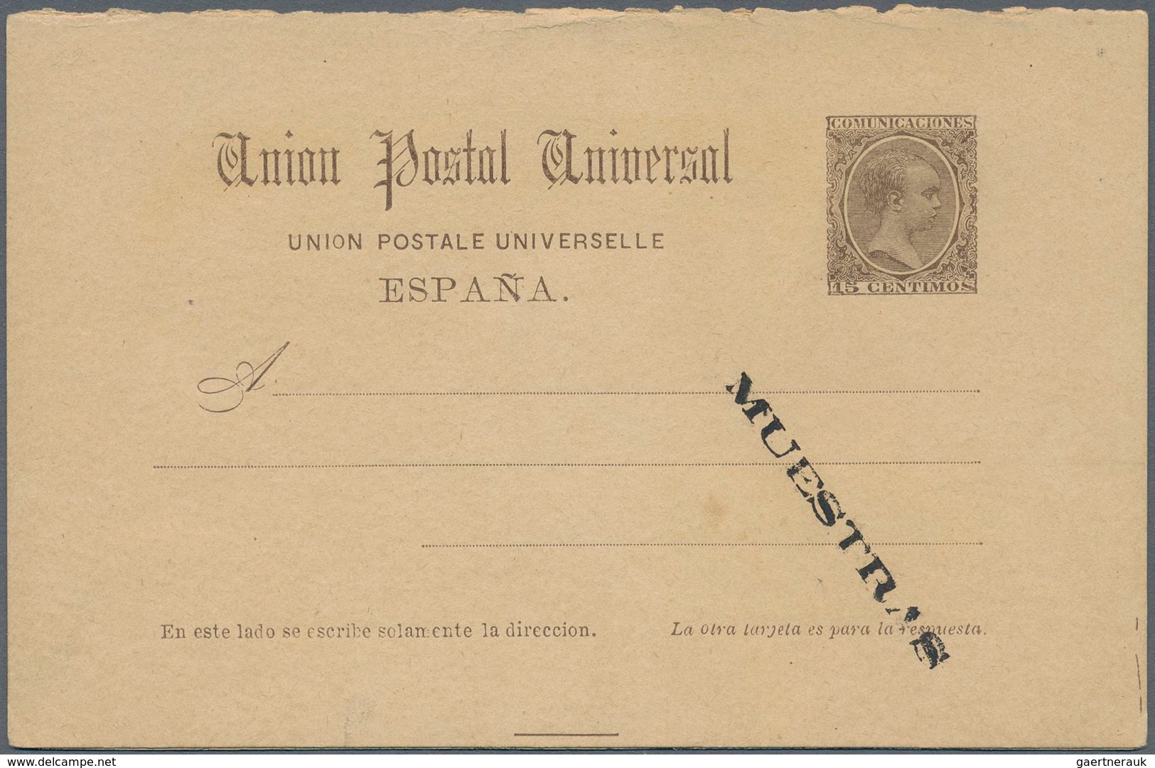 Spanien - Ganzsachen: 1889. Reply Card 15c+15c Brown Alfonso XIII With Inscription MUESTRAS On Both - 1850-1931