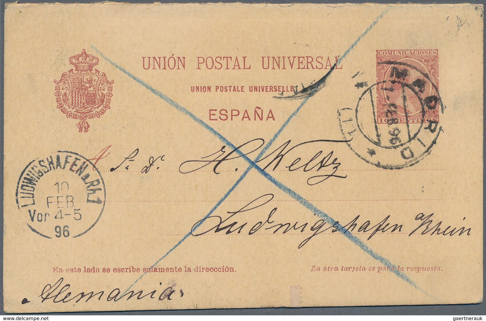 Spanien - Ganzsachen: 1896. Reply Card 10c+10c Brown Alfonso XIII. Sent From "Madrid" To Ludwigshafe - 1850-1931