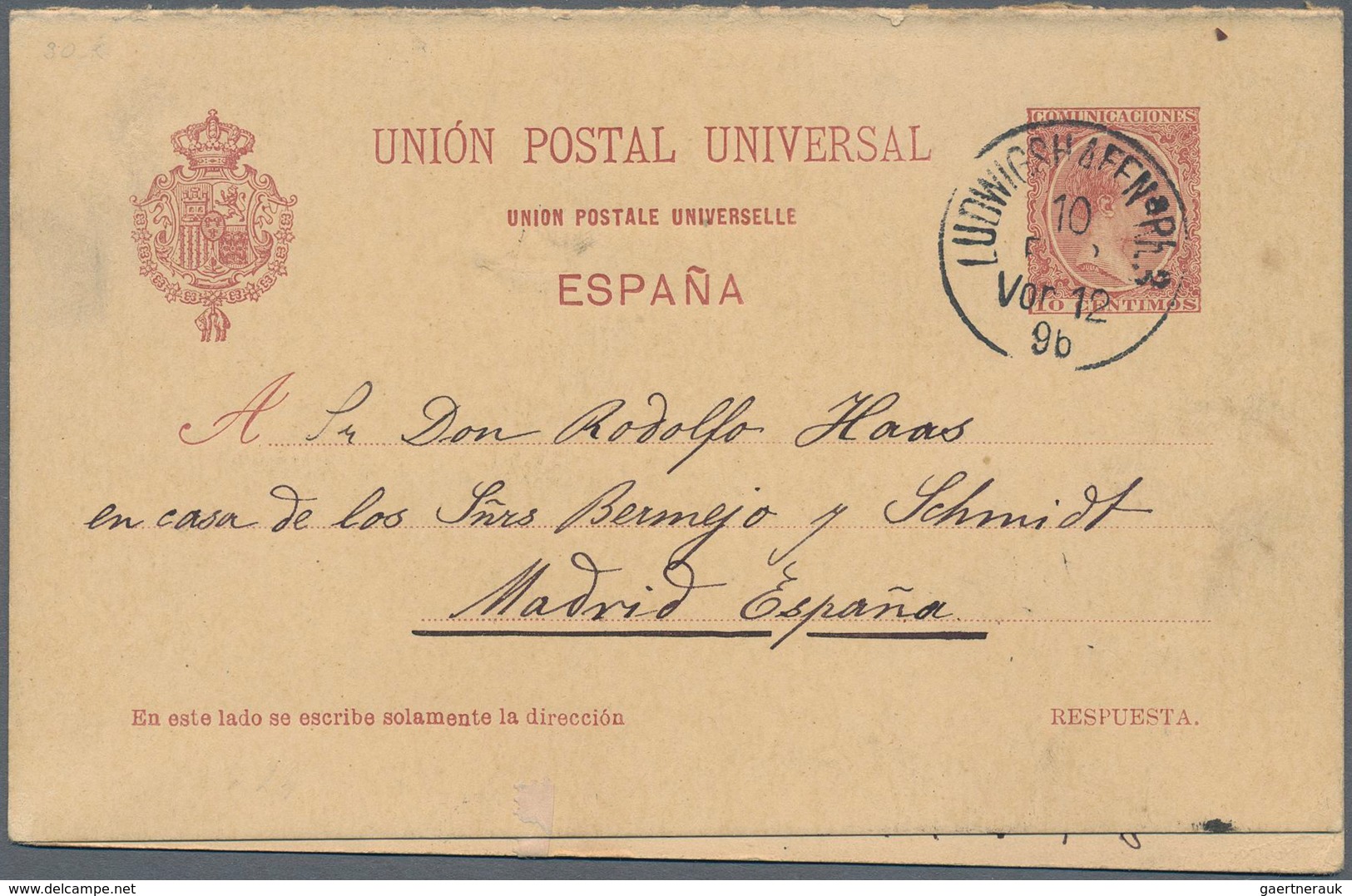 Spanien - Ganzsachen: 1896. Reply Card 10c+10c Brown Alfonso XIII. Sent From "Madrid" To Ludwigshafe - 1850-1931