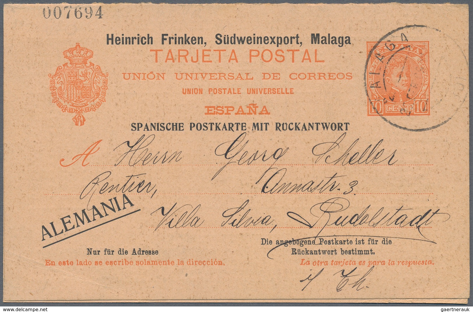 Spanien - Ganzsachen: 1909. Private Reply Card 10c+10c Red-orange Alfonso XIII Cadete "Heinrich Frin - 1850-1931