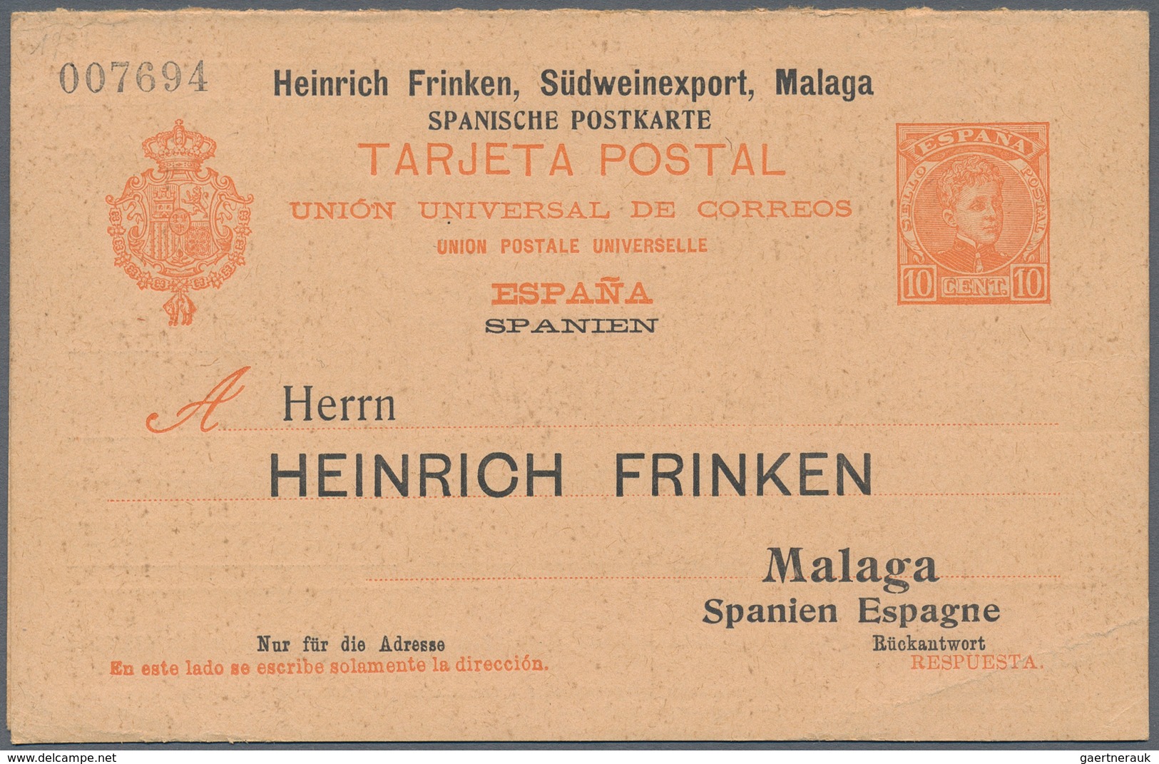 Spanien - Ganzsachen: 1909. Private Reply Card 10c+10c Red-orange Alfonso XIII Cadete "Heinrich Frin - 1850-1931