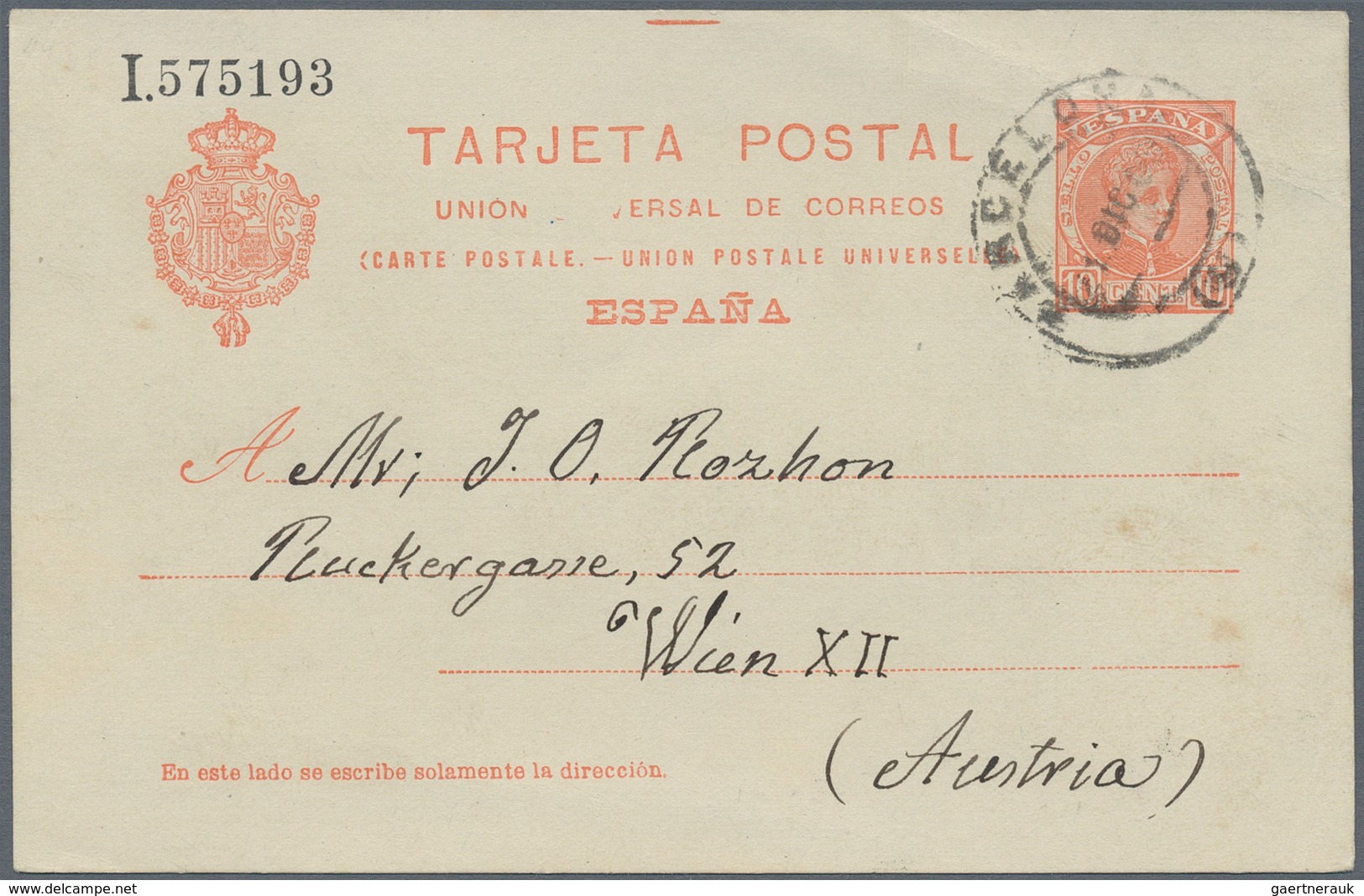 Spanien - Ganzsachen: 1909. Postcard 10c Red-orange Alfonso XIII Cadete Showing The Variation: "UNIV - 1850-1931