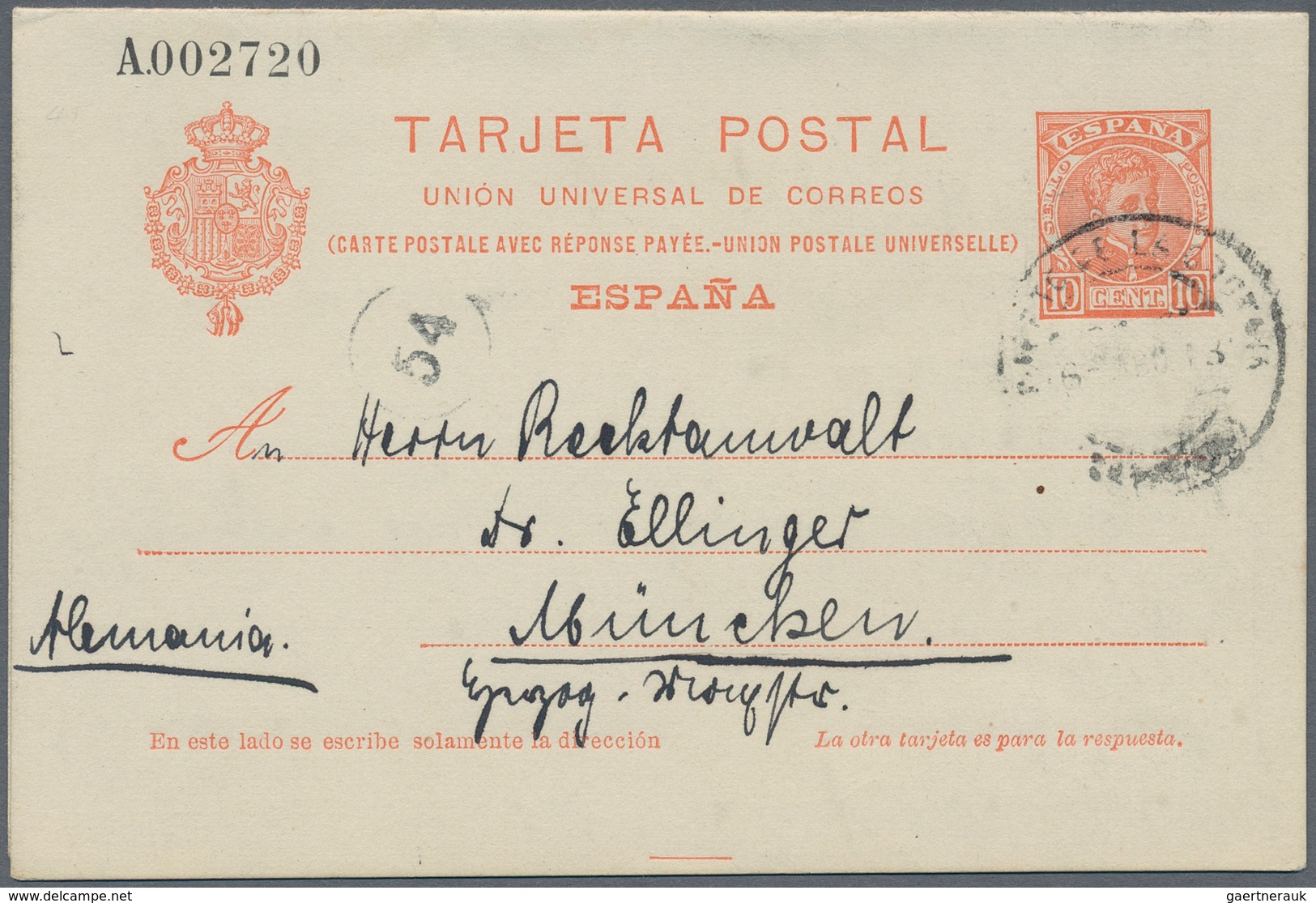 Spanien - Ganzsachen: 1913. Reply Card 10c+10c Red-orange Alfonso XIII Cadete. Used To Munich. Respo - 1850-1931