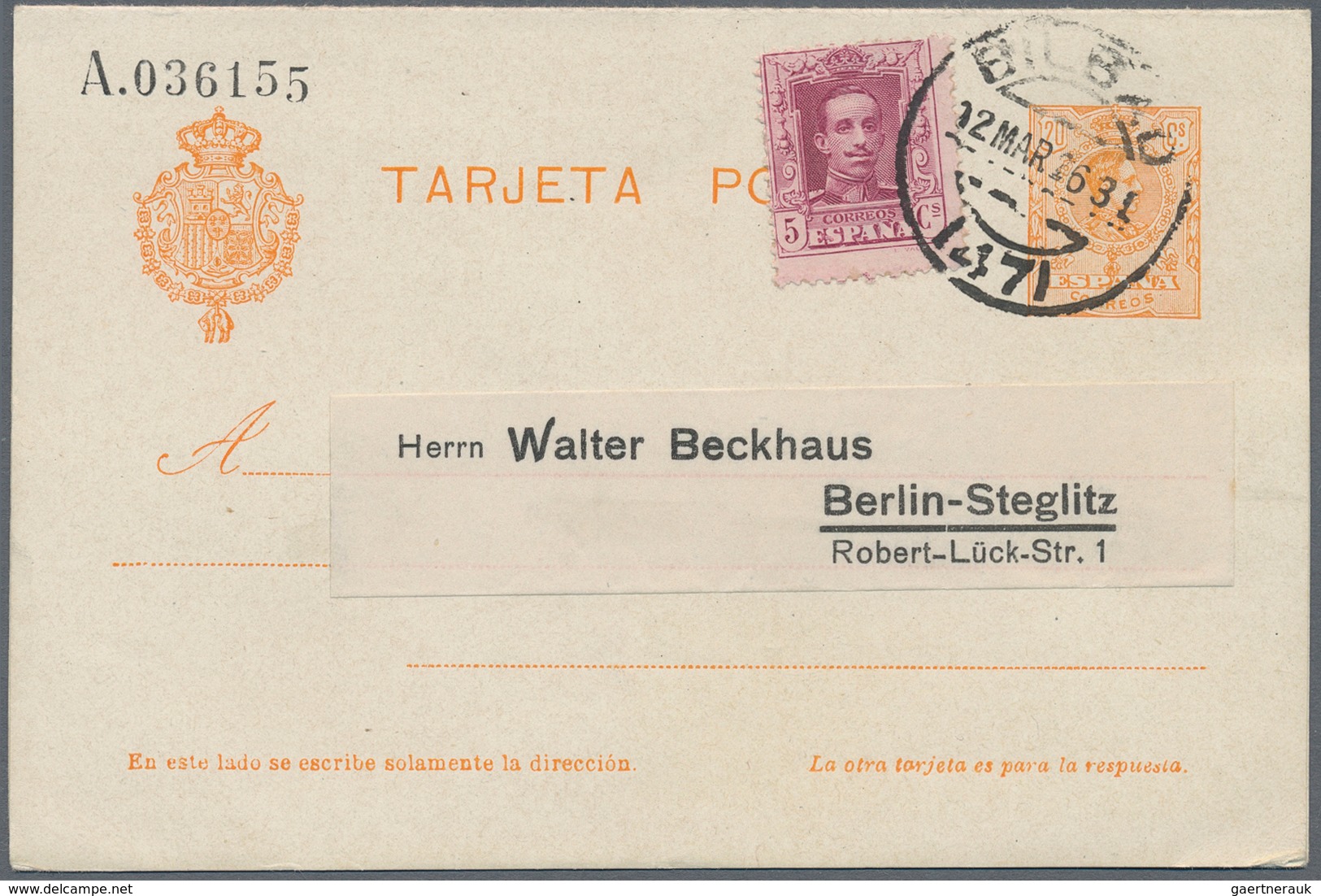 Spanien - Ganzsachen: 1926. Reply Card 20c+20c Orange Alfonso XIII Medallón. Used With 5c Additional - 1850-1931