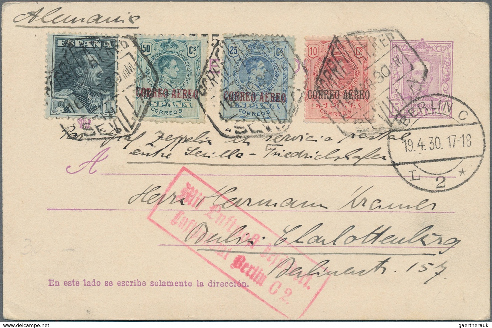 Spanien - Ganzsachen: 1924, 10, 25 And 50 Cs. Overprint Stamps And 1 Pta. Blue Additional Franking O - 1850-1931