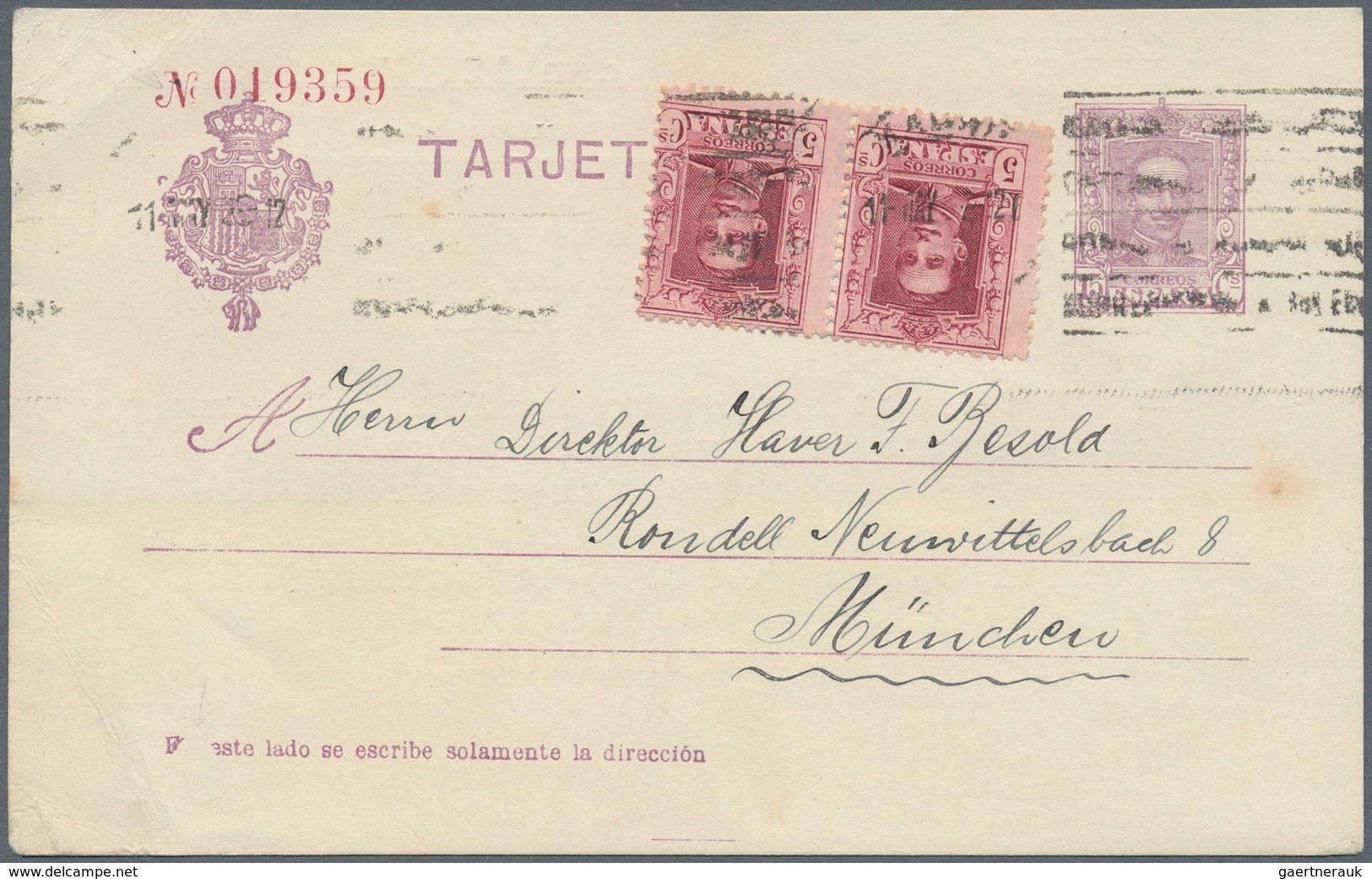 Spanien - Ganzsachen: 1926. Postcard 15c Lilac Alfonso XIII (Vaquer) "M. Gálvez. Memorandum. Cruz, 1 - 1850-1931